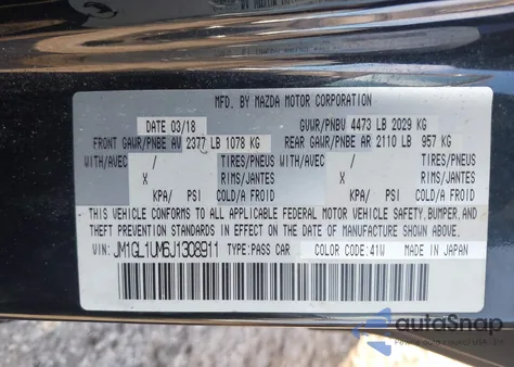 2018 Mazda Mazda6 Sport from USA, damaged, VIN JM1GL1UM6J1308911